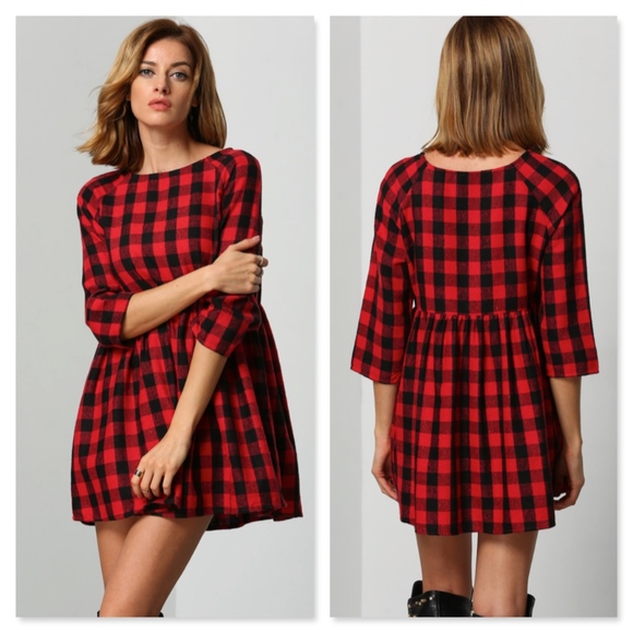 Plaid Flannel Red & Black A-line Mini Dress - Picture 5 of 8